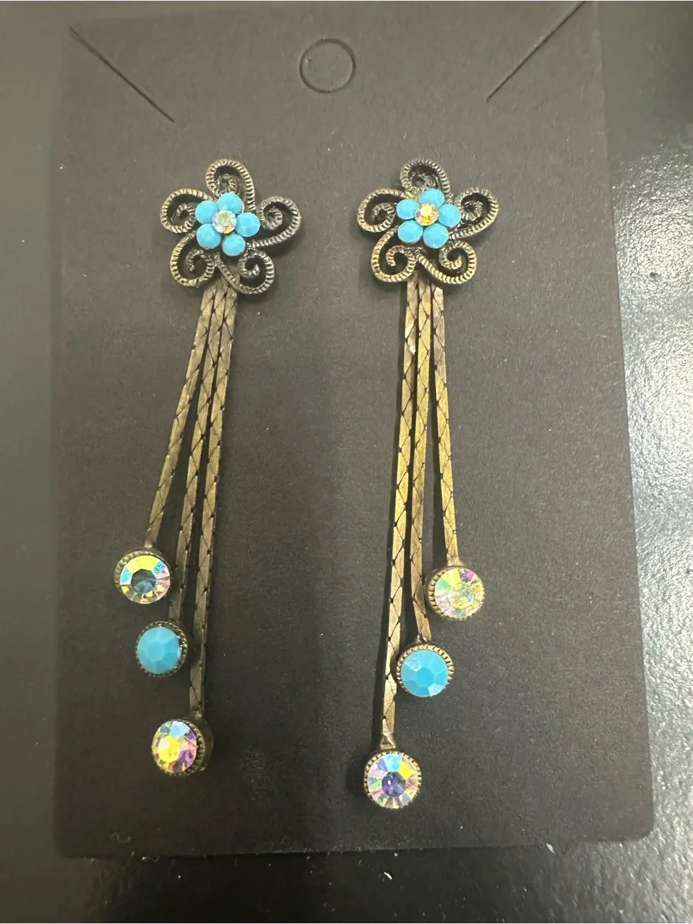 Turquoise Crystal Flower Drop Earrings - Vintage Brass